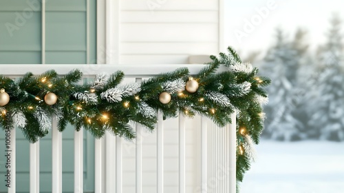 Cozy Winter Porch Showcasing Festive Christmas Garland with Lights and Ornaments