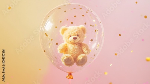 A dynamic shot of a teddy bear inside a clear balloon with gold confetti floating in the air