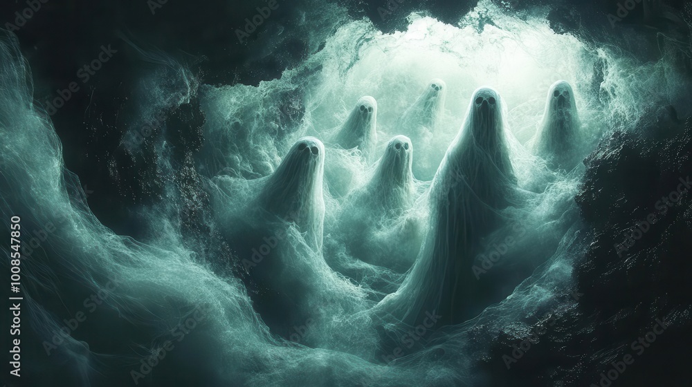 a swirling mass of creepy ghosts ethereal and wispy float hauntingly in a dark shadowy space evoking an eerie and nightmarish atmosphere a swirling mass of creepy ghosts ethereal and wispy float hauntingly in a dark shadowy space evoking an eerie and nightmarish atmosphere