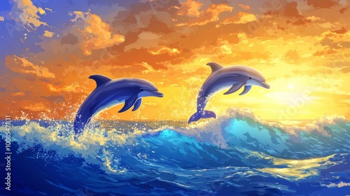 Two dolphins leap from the ocean waves at sunset.