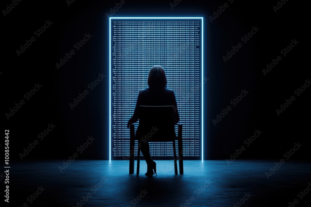 A silhouette of a person sitting on a chair in front of a glowing, futuristic door. The scene evokes a sense of mystery and contemplation. A silhouette of a person sitting on a chair in front of a glowing, futuristic door. The scene evokes a sense of mystery and contemplation.