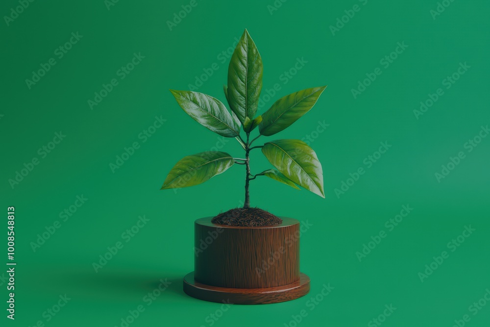 A small potted plant with lush green leaves stands on a wooden base against a vivid green background, symbolizing growth and nature. A small potted plant with lush green leaves stands on a wooden base against a vivid green background, symbolizing growth and nature.