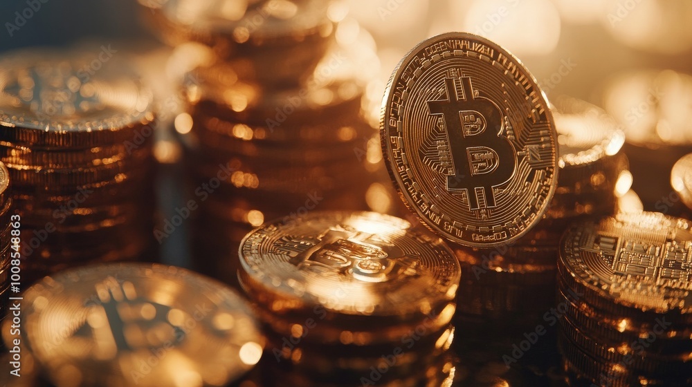A collection of Bitcoin coins is stacked closely together on a table, shimmering under warm light, highlighting the unique designs and textures that symbolize the cryptocurrency revolution A collection of Bitcoin coins is stacked closely together on a table, shimmering under warm light, highlighting the unique designs and textures that symbolize the cryptocurrency revolution