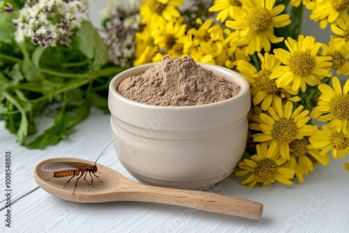 White Bowl with Brown Powder and Wooden Spoon Full of Ragwort Grass photo