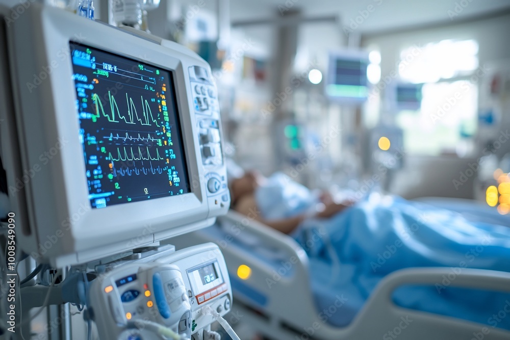 A close-up shot of a heart monitor in a hospital room, with a patient lying in bed in the background. A close-up shot of a heart monitor in a hospital room, with a patient lying in bed in the background.