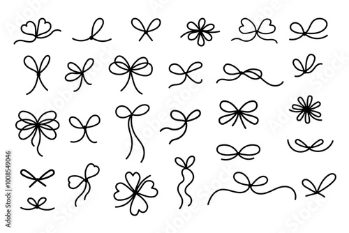 Simple line tied ribbon bows collection. Isolated decoration vector hand drawings doodles bowknot