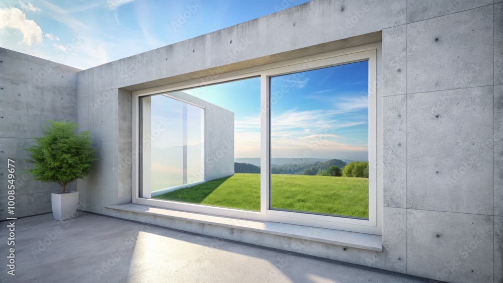 The minimalist white aluminum window frame stands out against a flawless white cement wall, highlighting the essence of The minimalist white aluminum window frame stands out against a flawless white cement wall, highlighting the essence of