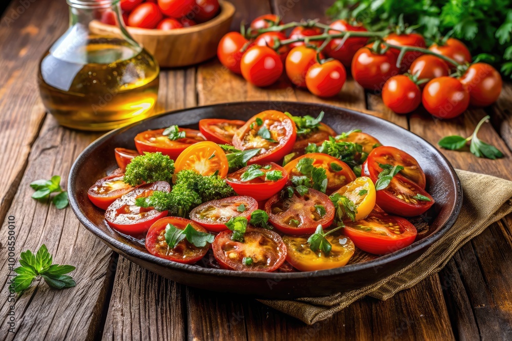 Fresh and Vibrant Tomato Dish Garnished with Herbs and Olive Oil on a Rustic Wooden Table Setting Fresh and Vibrant Tomato Dish Garnished with Herbs and Olive Oil on a Rustic Wooden Table Setting