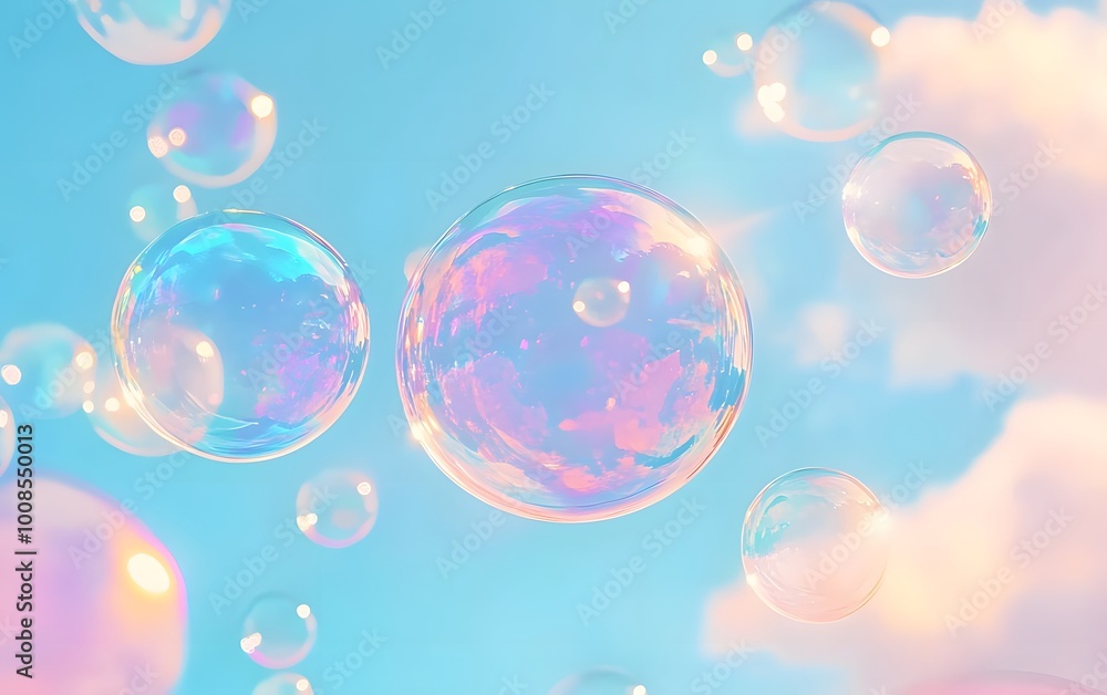 Pastel rainbow colored soap bubbles flying in the sky background, generative ai Pastel rainbow colored soap bubbles flying in the sky background, generative ai