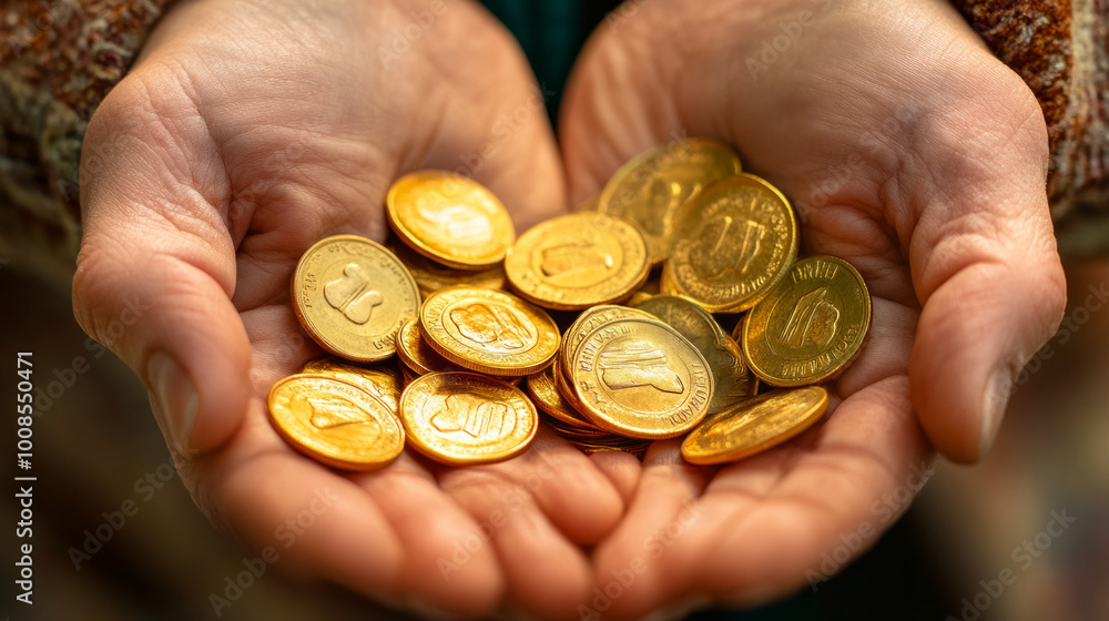 Hands holding a collection of golden coins, displaying wealth and prosperity in a warm, inviting light Hands holding a collection of golden coins, displaying wealth and prosperity in a warm, inviting light