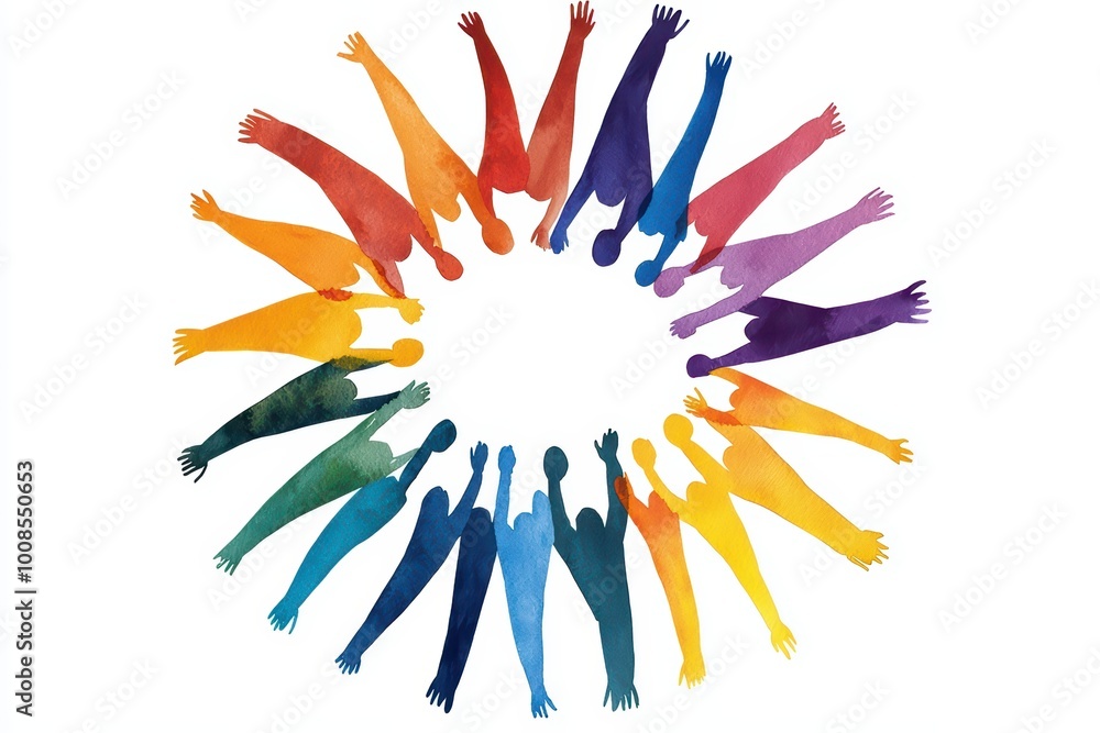 A vibrant watercolor illustration depicting diverse figures in a circle, symbolizing unity and togetherness against a white background.