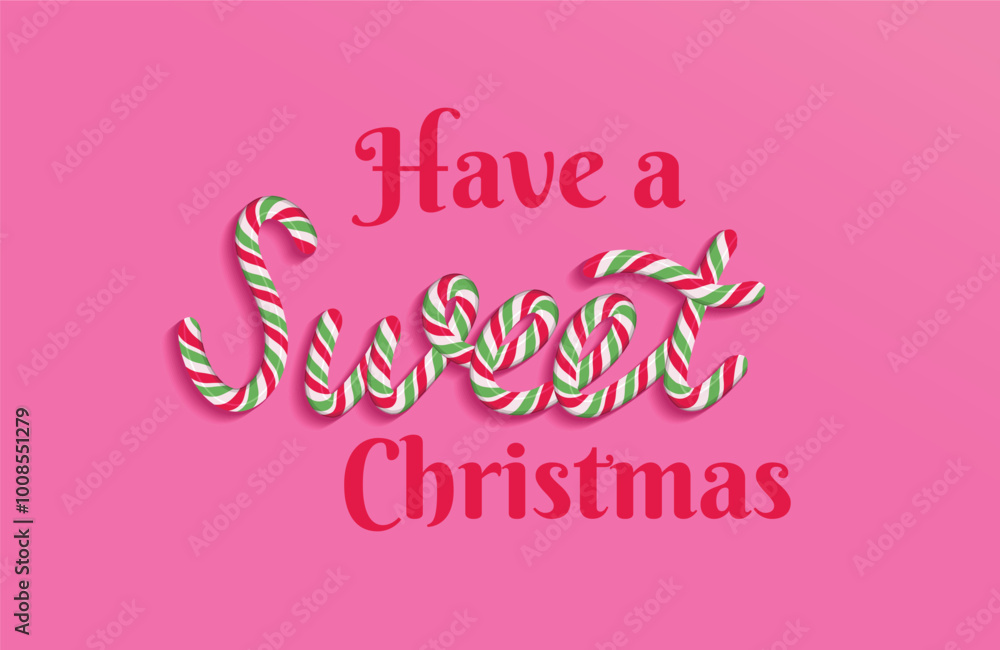  Have a very sweet Christmas square banner for social media or greeting card. Vector design. Text made of traditional candy cane isolated on a modern pink background.  