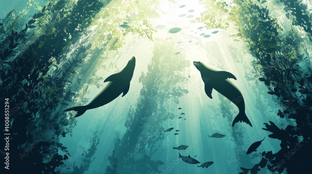 Obraz premium Two seals swimming upwards towards the surface of the water through a kelp forest.