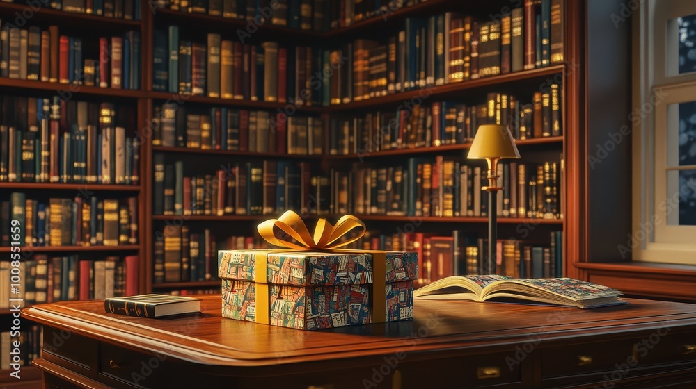 Cozy Library with Gift Box and Open Book on Desk Cozy Library with Gift Box and Open Book on Desk