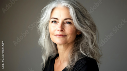 Mature woman with gray hair in studio