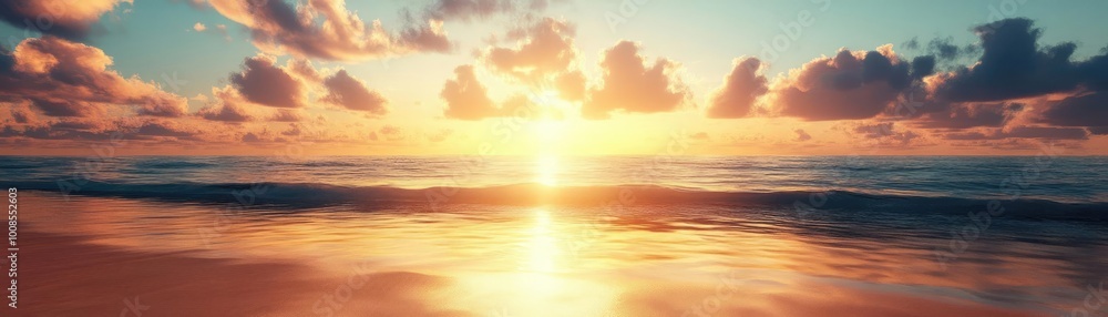 Fototapeta premium A serene sunset illuminating the ocean, with vibrant colors reflecting on tranquil waters and soft clouds in the sky.