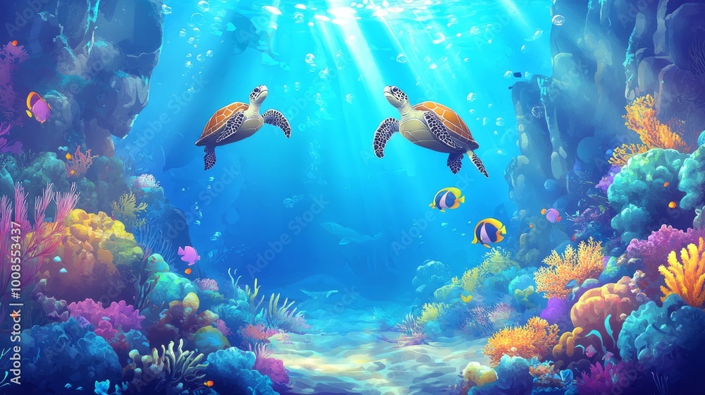 Two sea turtles swim through vibrant coral reef with sunlight shining down. Two sea turtles swim through vibrant coral reef with sunlight shining down.