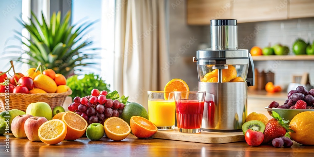 Freshly squeezed juice with a modern juicer in a bright kitchen setting and vibrant fruit selection Freshly squeezed juice with a modern juicer in a bright kitchen setting and vibrant fruit selection