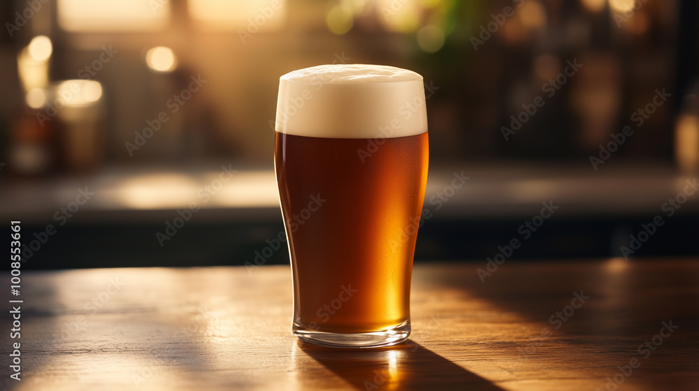 A glass of amber beer topped with a frothy white head rests on a warm wooden table as sunlight streams through the bar's windows, creating a welcoming atmosphere. A glass of amber beer topped with a frothy white head rests on a warm wooden table as sunlight streams through the bar's windows, creating a welcoming atmosphere.