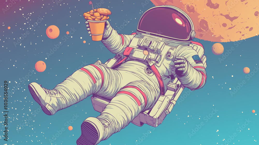 A cartoon astronaut floats in space, enjoying a fast food meal. The image is designed in a fun, retro style. A cartoon astronaut floats in space, enjoying a fast food meal. The image is designed in a fun, retro style.