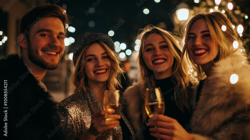 Group of friends celebrating New Year's Eve in stylish outfits, enjoying champagne under festive lights in a lively outdoor setting Group of friends celebrating New Year's Eve in stylish outfits, enjoying champagne under festive lights in a lively outdoor setting