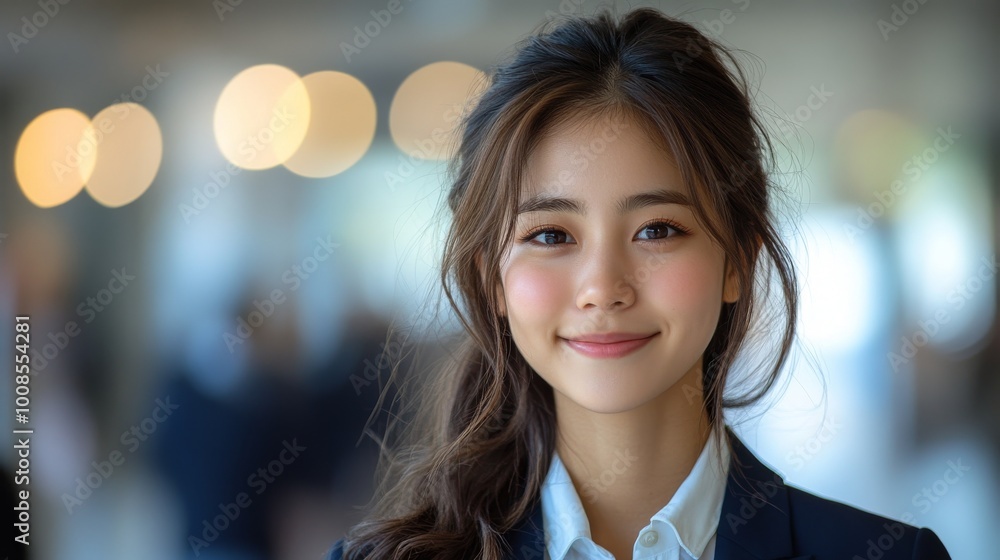 Smiling woman in a suit against a blurred background of lights and people. Smiling woman in a suit against a blurred background of lights and people.