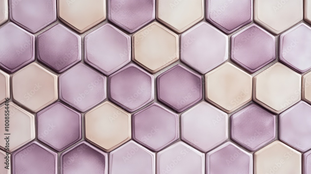 Symmetrical hexagonal tiles in soft lavender and beige, arranged in an interlocking pattern that creates a continuous, elegant design. Symmetrical hexagonal tiles in soft lavender and beige, arranged in an interlocking pattern that creates a continuous, elegant design.