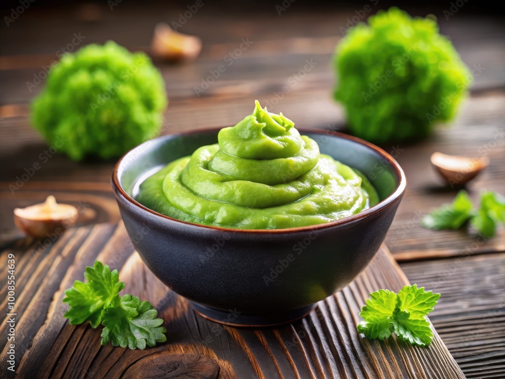 Fresh Wasabi Sauce in a Bowl with Green Color and Texture, Perfect for Asian Cuisine Dishes Fresh Wasabi Sauce in a Bowl with Green Color and Texture, Perfect for Asian Cuisine Dishes