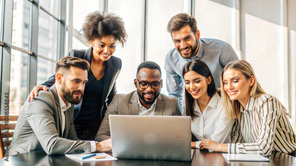 Fototapeta premium Office laptop, diversity and four businessperson reading online report, website design feedback or research project. Collaboration, staff mentor and team designer working on company homepage developm