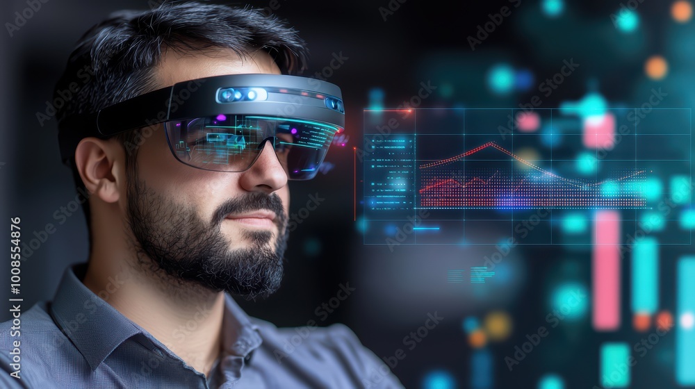 Man wearing augmented reality glasses, analyzing digital data and statistics in a modern tech environment. Man wearing augmented reality glasses, analyzing digital data and statistics in a modern tech environment.