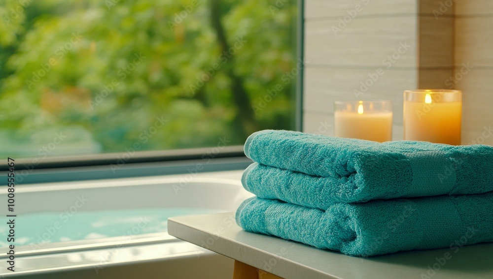 Blue Towels on Table Near Bathtub in Blurred Bathroom Background
