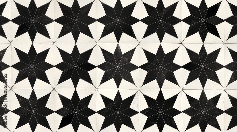 Fototapeta premium Symmetrical star shapes in black and white, arranged in a repeating pattern that creates a bold, graphic tile design.