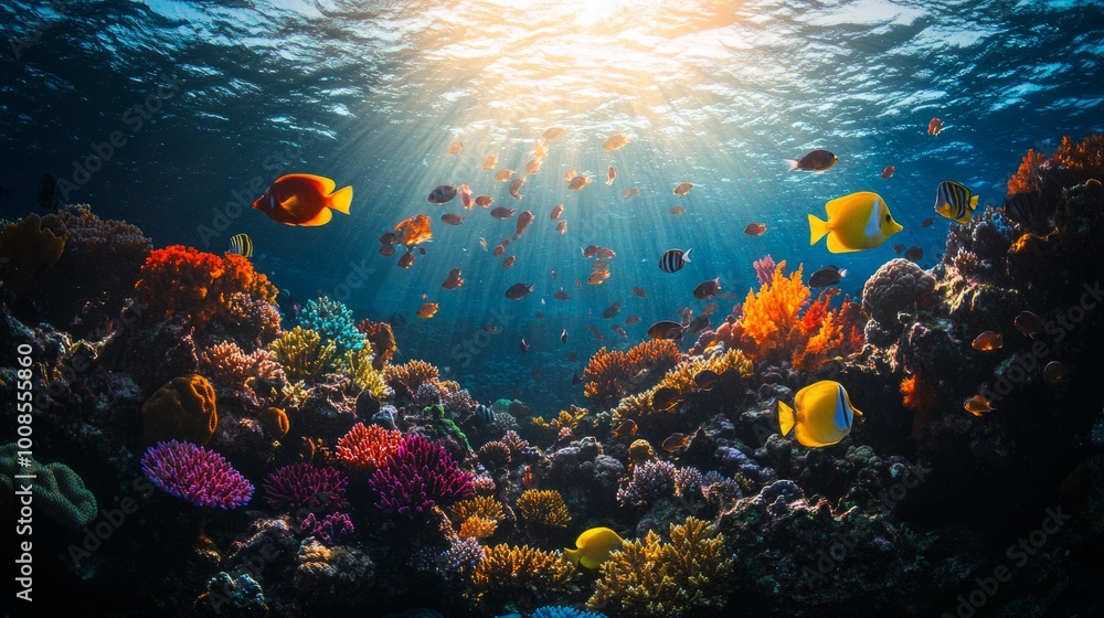 Fototapeta premium Vibrant coral reef teeming with colorful fish, bathed in sunlight.