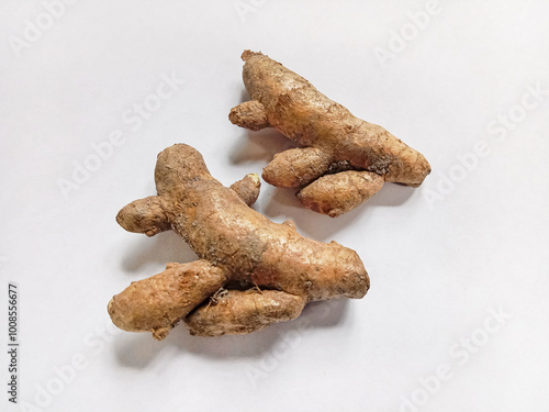 White turmeric on white background. White turmeric (Curcuma zedoaria). Fresh turmeric roots. Herb and medicinal plants. Flat lay. Top view. photo