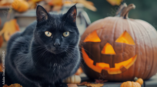 A black cat relaxing beside a carved pumpkin surrounded by autumn leaves in a peaceful outdoor setting