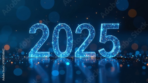  greeting card number text 2025 on blue dark festive christmas and new year background, festive atmosphere.