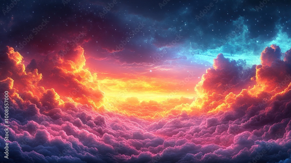 Naklejka premium Celestial Cloudscape: A Dreamy Vision of Color and Light