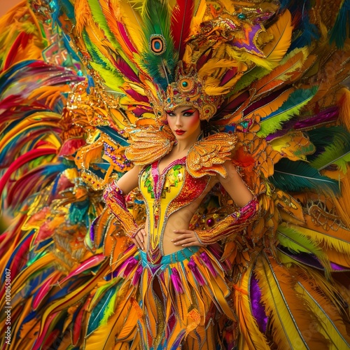 Stunning Carnival Performer in Elaborate Feathered Costume