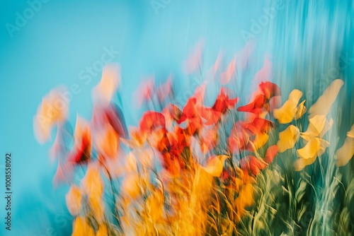Vibrant Abstract Flowers in Motion Against a Blue Sky