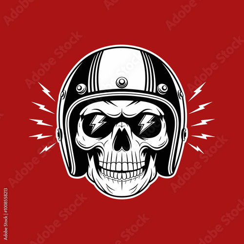 A skull with a helmet on a red background. The skull has a menacing look and the helmet is black and white