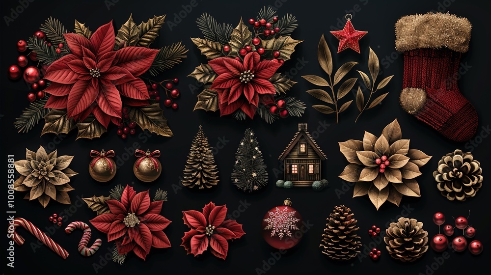Festive Gold and Red Christmas Elements: A Glorious Collection of Flowers, Gifts, Snowflakes, and More for Holiday Magic Festive Gold and Red Christmas Elements: A Glorious Collection of Flowers, Gifts, Snowflakes, and More for Holiday Magic