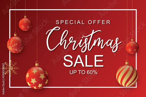 Special offer holiday banner with red and gold Christmas baubles