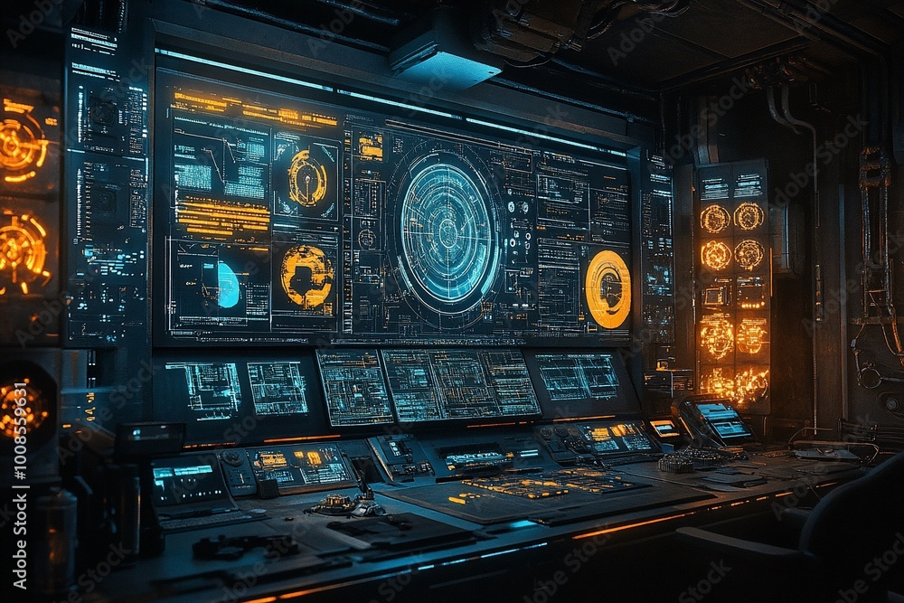 Futuristic control room with glowing monitors and futuristic interface. Futuristic control room with glowing monitors and futuristic interface.