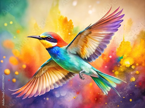 Graceful Watercolor Illustration of a Bird in Flight Against a Soft Colorful Background