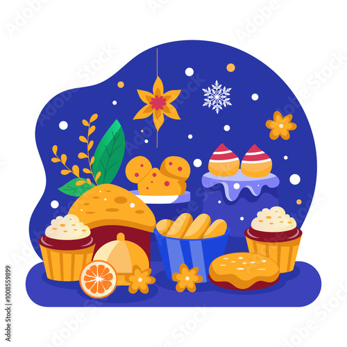 A flat style illustration of festive food