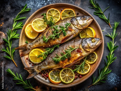 Grilled Shishamo Fish on a Plate with Lemon Slices and Herbs Ready to Be Served for a Meal