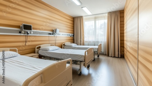 Empty Hospital Bed with Medical Equipment and Blue Toned Windows photo