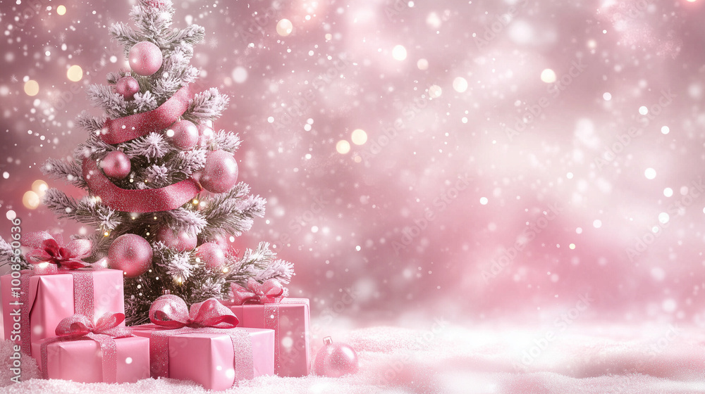 A charming pink Christmas tree adorned with matching baubles and surrounded by wrapped gifts, set against a snowy background with gentle, twinkling lights. A charming pink Christmas tree adorned with matching baubles and surrounded by wrapped gifts, set against a snowy background with gentle, twinkling lights.