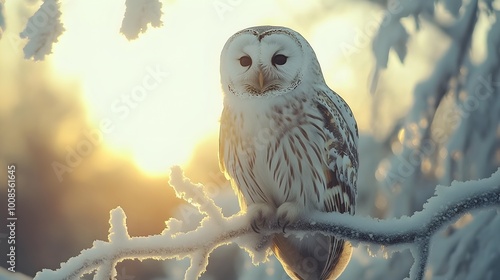 White owl perching on frost covered branch with pale wintry sun in background photo