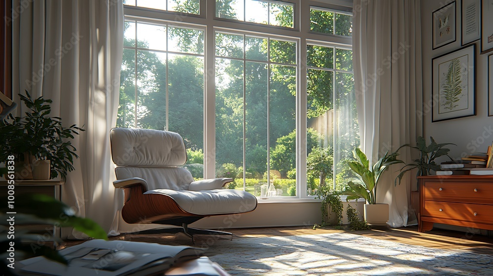 Cozy interior with a view of a garden. Cozy interior with a view of a garden.